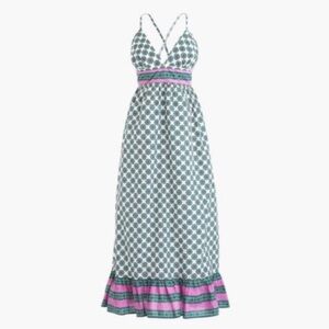 J.Crew Organic Cotton Criss-Cross Midi Dress L | Print Boho Sundress Blue Pink